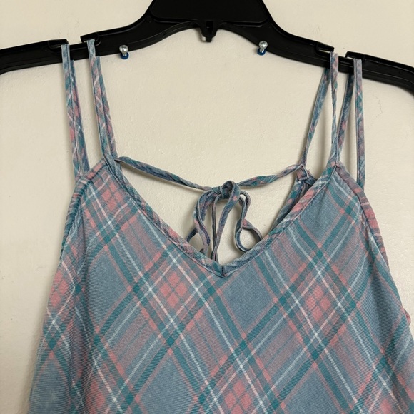 Billy T Strappy Maxi Dress in Hamp Plaid Small Sharkbite Raw Hem Lyocell *Flaw* - Picture 3 of 13